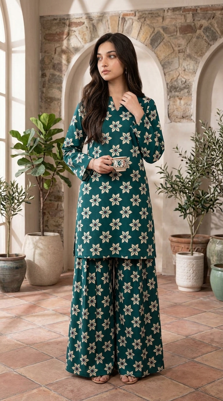 Teal Blossom — Printed Khaddar 2-Piece Unstitched Suit