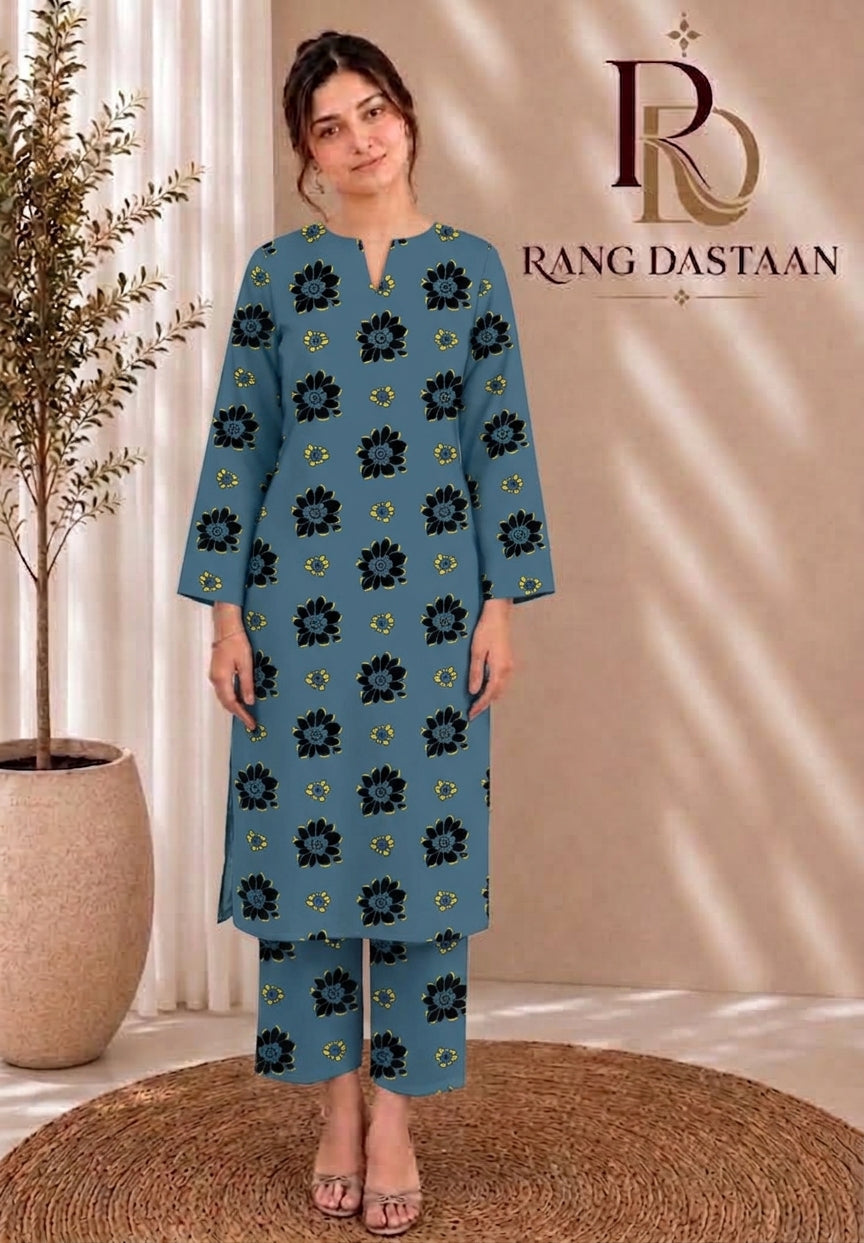 Steel Blue Bloom — Printed Khaddar 2-Piece Unstitched Suit