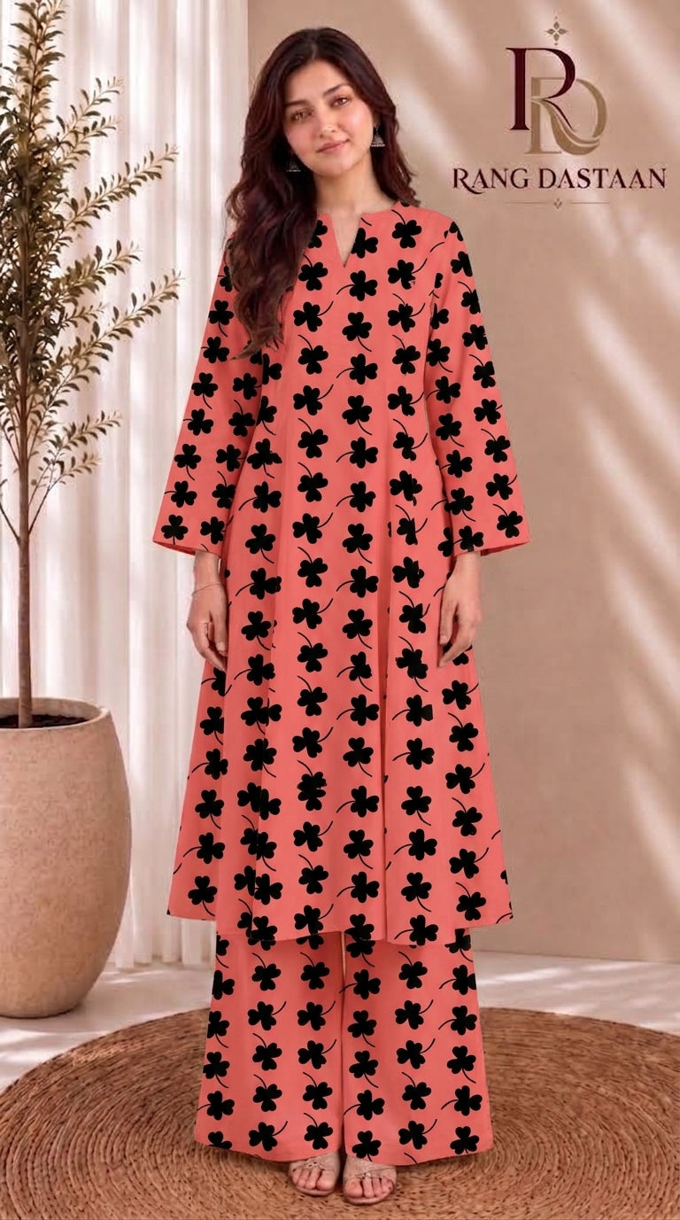 Coral Blossom — Printed Khaddar 2-Piece Unstitched Suit