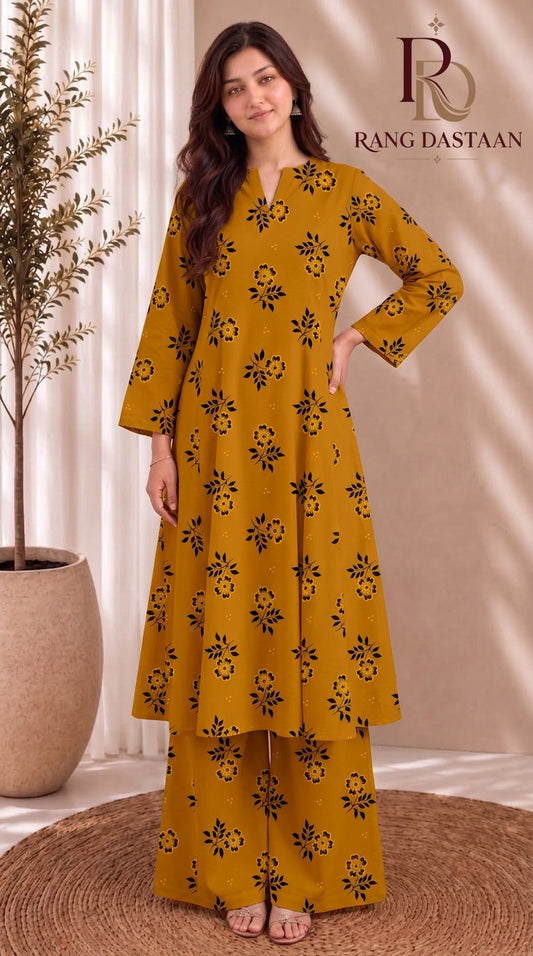 Mustard Bloom — Printed Khaddar 2-Piece Unstitched Suit