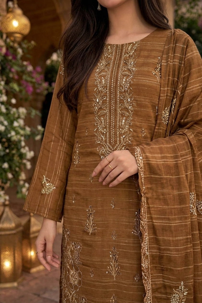 CRYSTAL DHANAK HEAVY EMBROIDERED 3PC SUIT