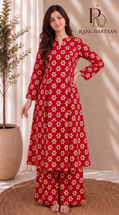 Ruby Blossom — Printed Khaddar 2-Piece Unstitched Suit