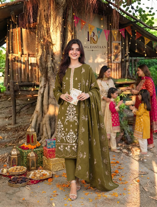 CRYSTAL DHANAK HEAVY EMBROIDERED 3PC SUIT