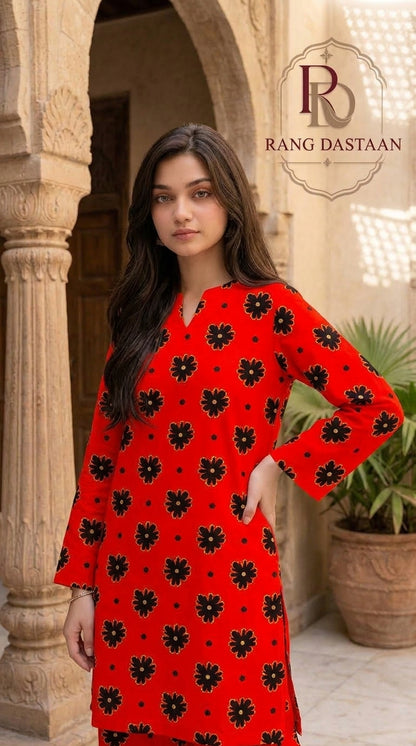 Crimson Daisy — Printed Khaddar 2-Piece Unstitched Suit