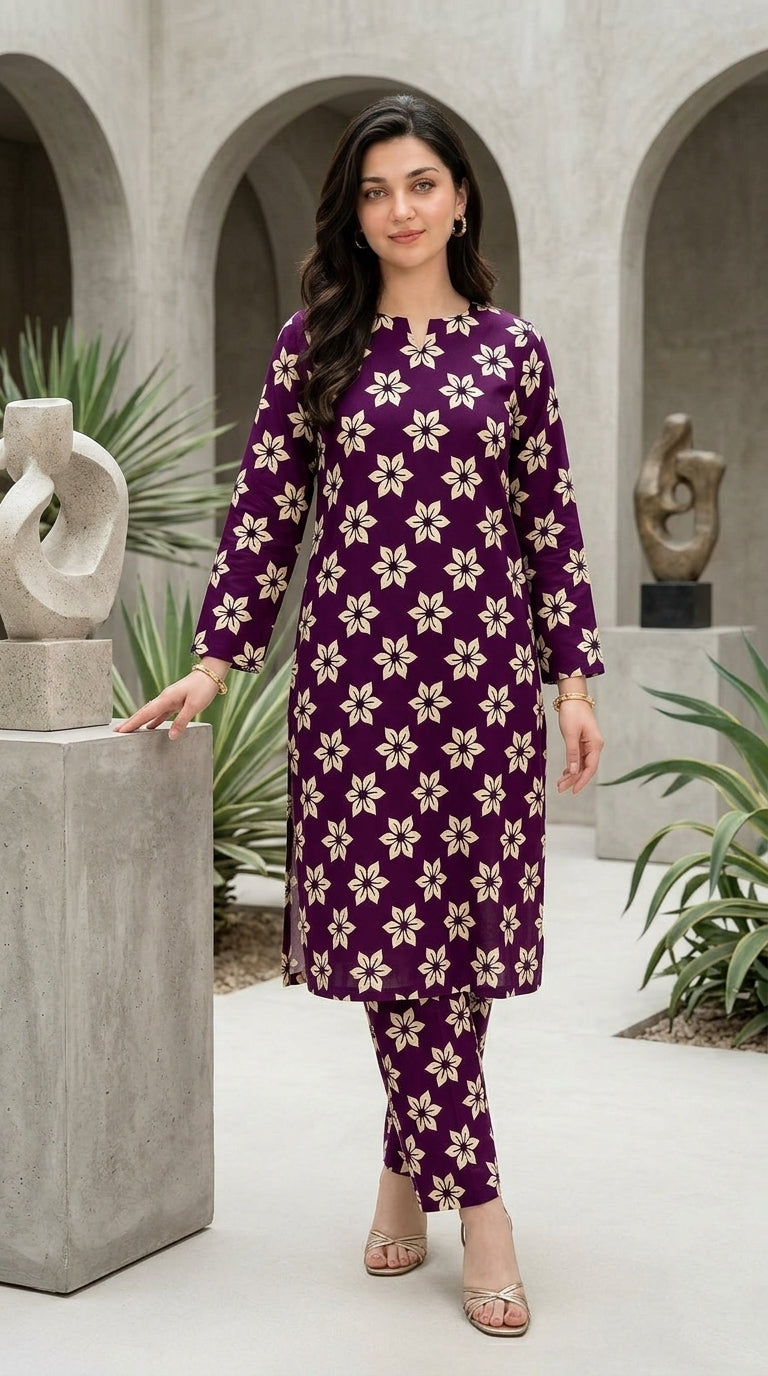 Royal Plum Bloom — Printed Lawn 2-Piece Suit
