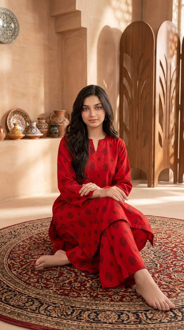 Scarlet Charm — Printed Khaddar 2-Piece Unstitched Suit