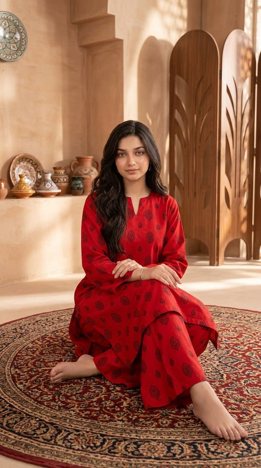 Scarlet Charm — Printed Khaddar 2-Piece Unstitched Suit