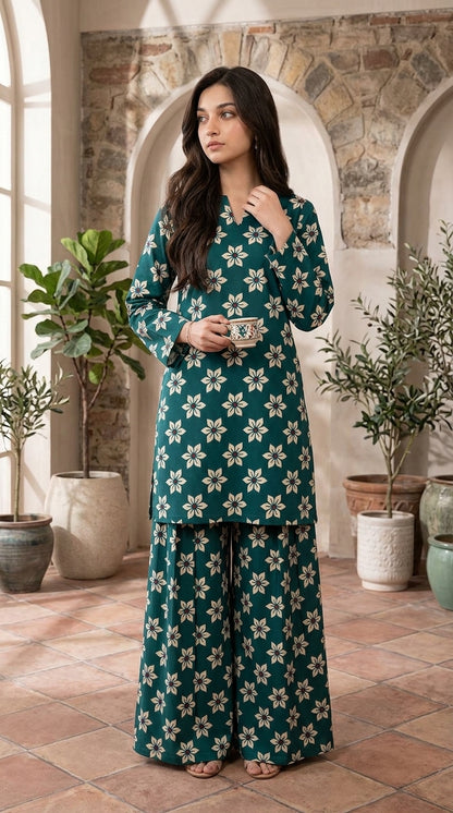 Teal Blossom — Printed Khaddar 2-Piece Unstitched Suit