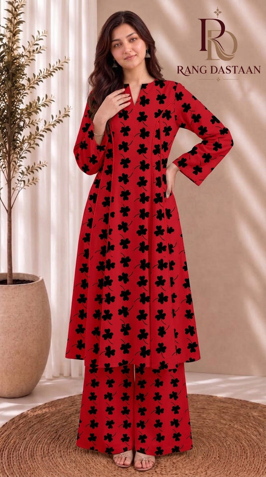 Crimson Bloom — Printed Khaddar 2-Piece Unstitched Suit