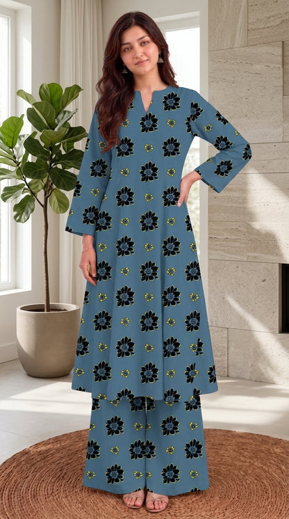 Steel Blue Bloom — Printed Khaddar 2-Piece Unstitched Suit