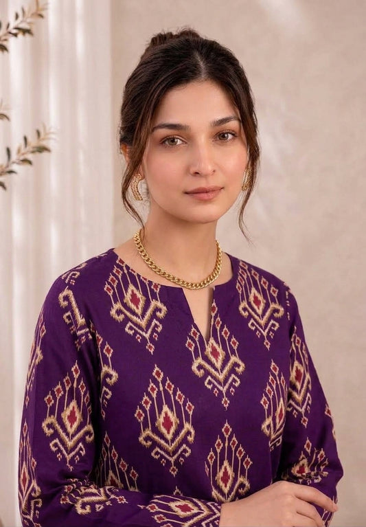 Deep Plum Geometric — Printed Khaddar 2-Piece Unstitched Suit