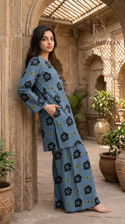 Steel Blue Bloom — Printed Khaddar 2-Piece Unstitched Suit