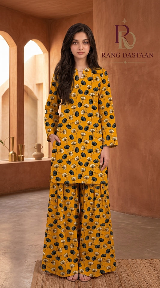 Mustard Yellow — Printed Khaddar 2-Piece Unstitched Suit