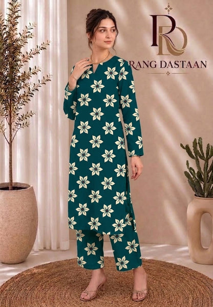 Teal Blossom — Printed Khaddar 2-Piece Unstitched Suit