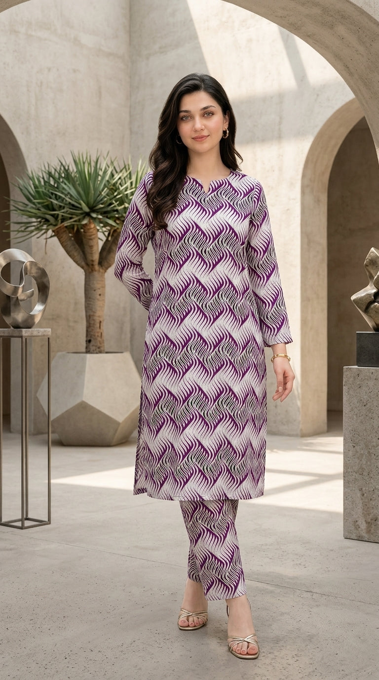 Royal Plum Waves — Printed Lawn 2-Piece Suit