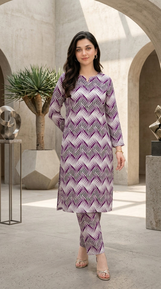 Royal Plum Waves — Printed Lawn 2-Piece Suit