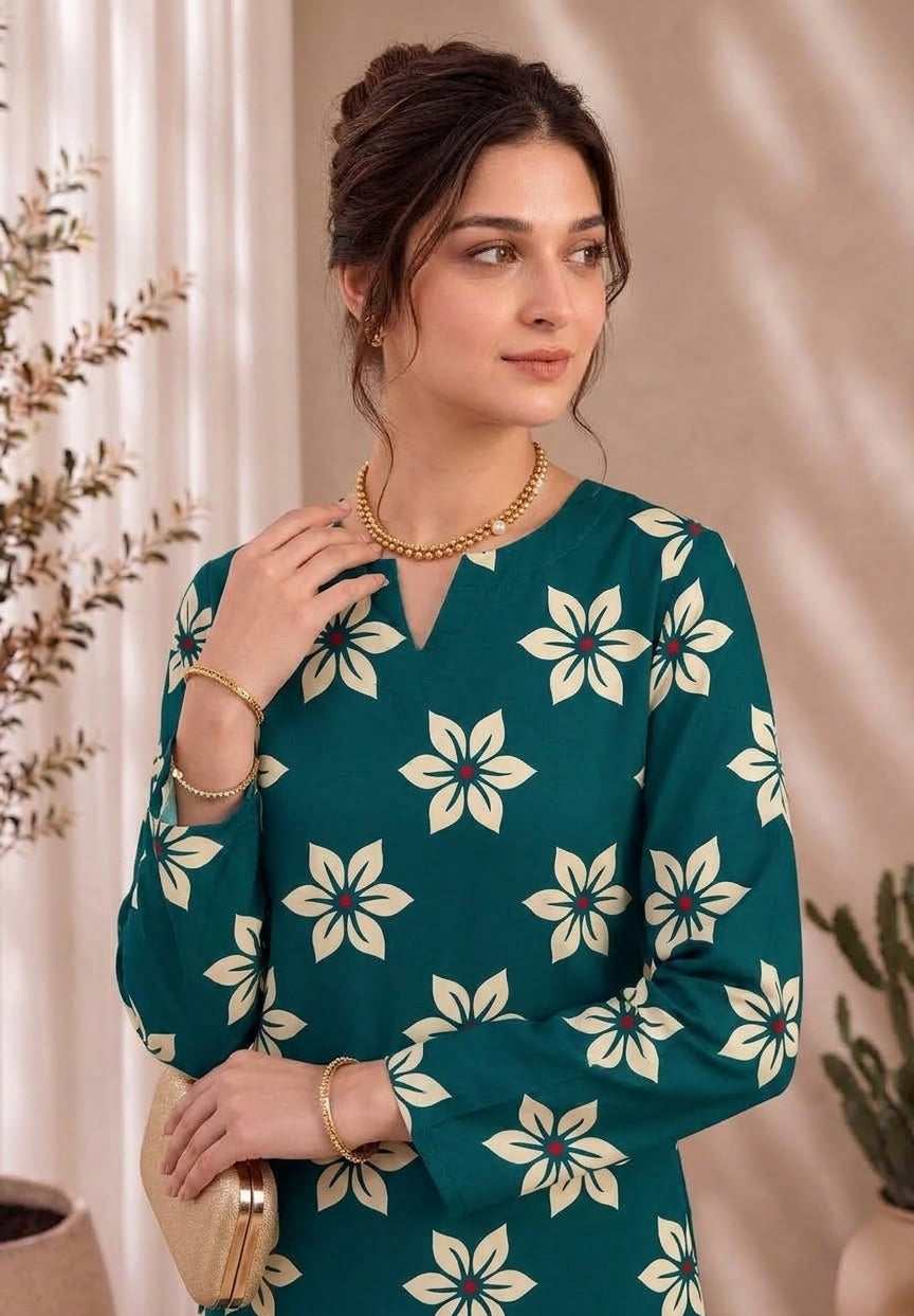 Teal Blossom — Printed Khaddar 2-Piece Unstitched Suit