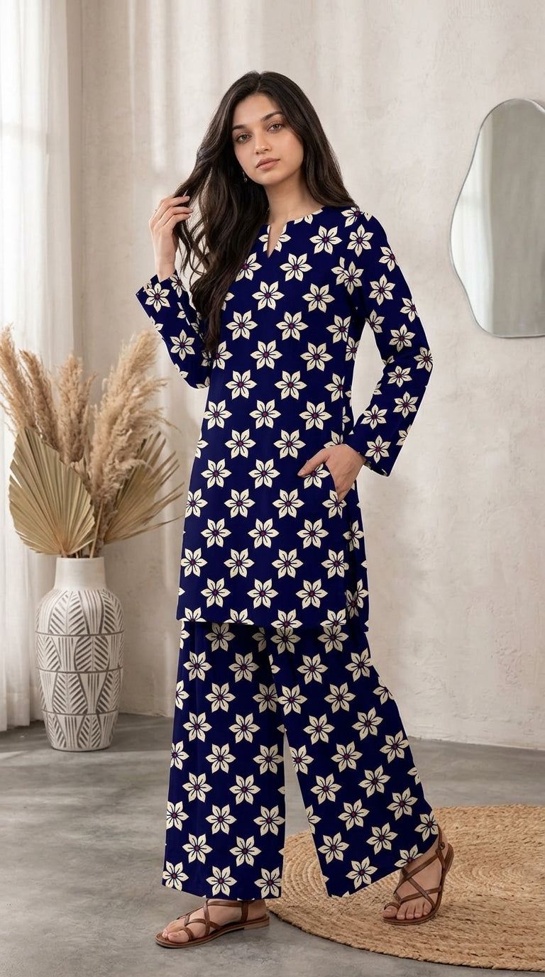 Royal Azure Blossom — Printed Khaddar 2-Piece Unstitched Suit