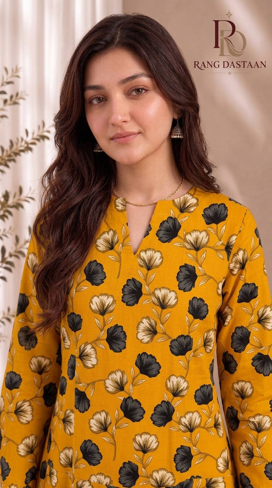 Mustard Yellow — Printed Khaddar 2-Piece Unstitched Suit