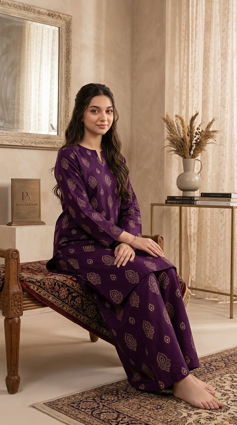 Royal Plum — Printed Khaddar 2-Piece Unstitched Suit