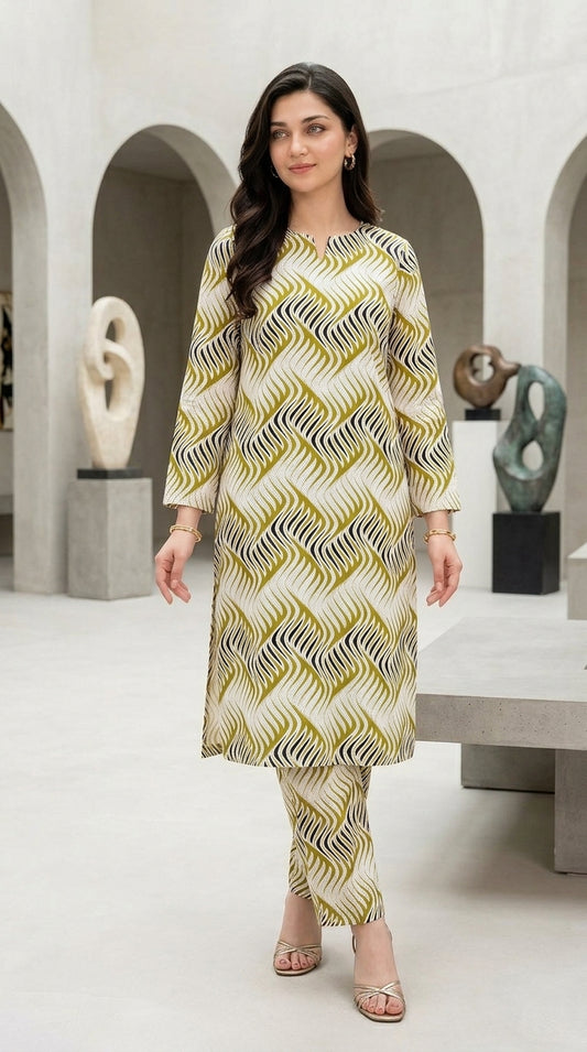Olive Wave — Printed Lawn 2-Piece Suit