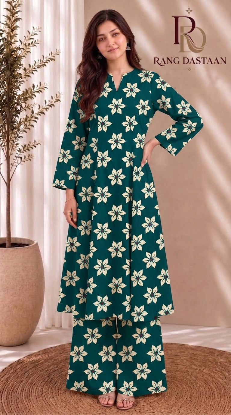 Teal Blossom — Printed Khaddar 2-Piece Unstitched Suit