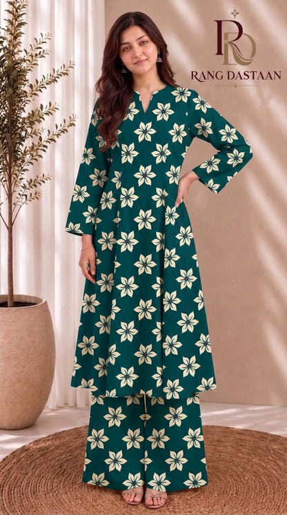 Teal Blossom — Printed Khaddar 2-Piece Unstitched Suit