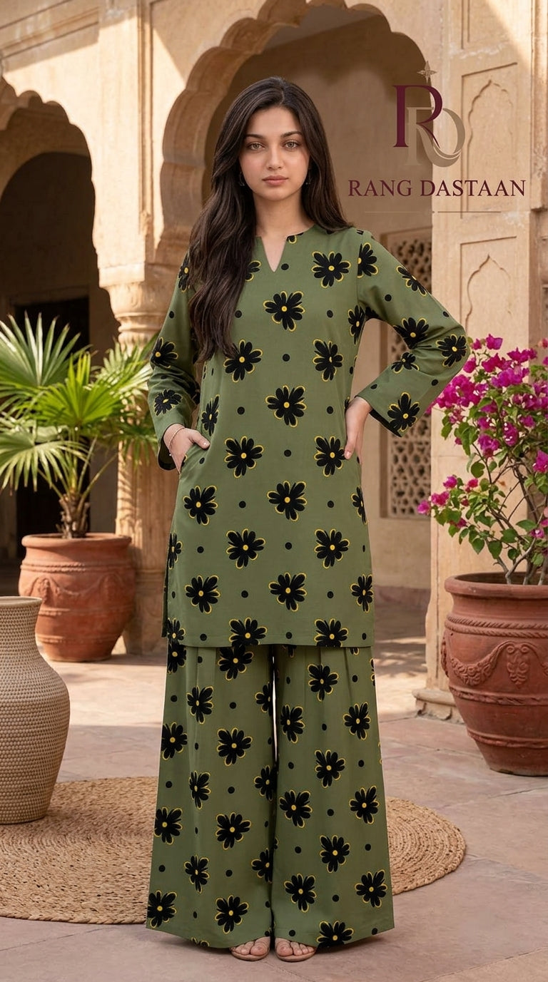 Olive Noir — Printed Khaddar 2-Piece Unstitched Suit