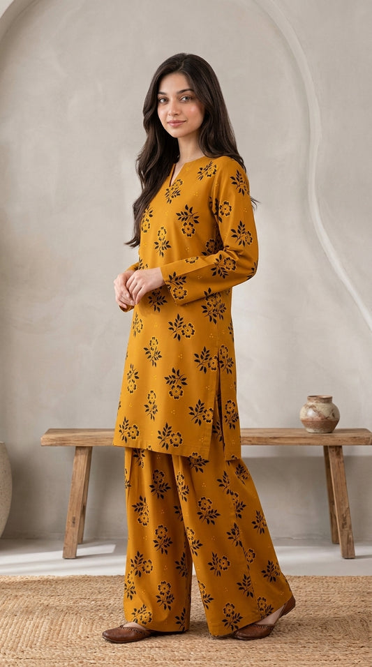 Mustard Bloom — Printed Khaddar 2-Piece Unstitched Suit