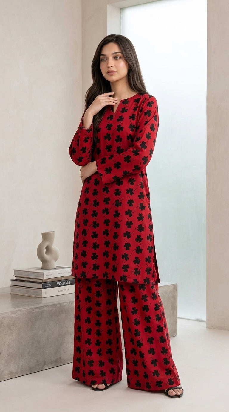 Crimson Bloom — Printed Khaddar 2-Piece Unstitched Suit