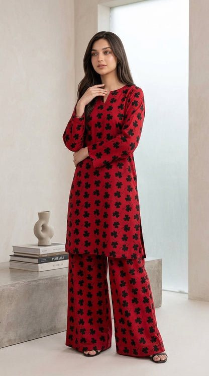 Crimson Bloom — Printed Khaddar 2-Piece Unstitched Suit