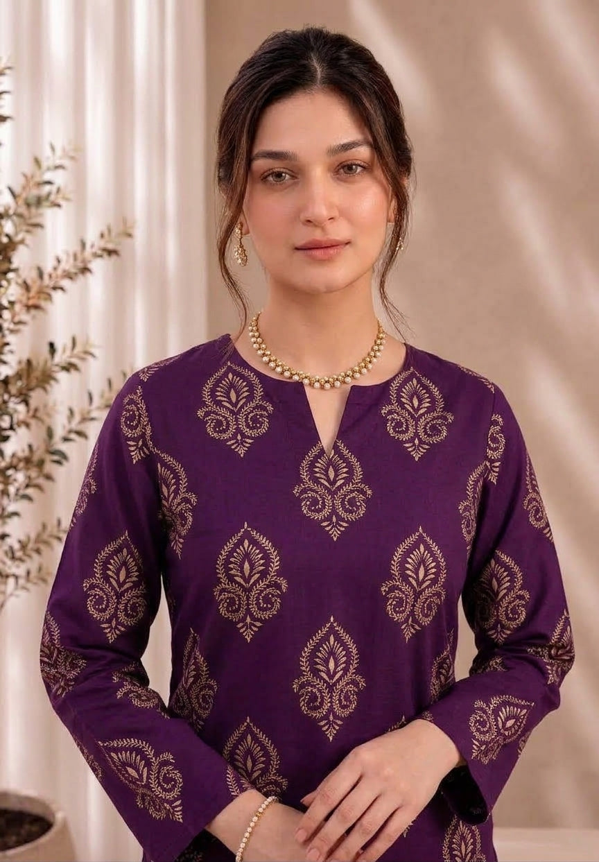 Royal Plum — Printed Khaddar 2-Piece Unstitched Suit