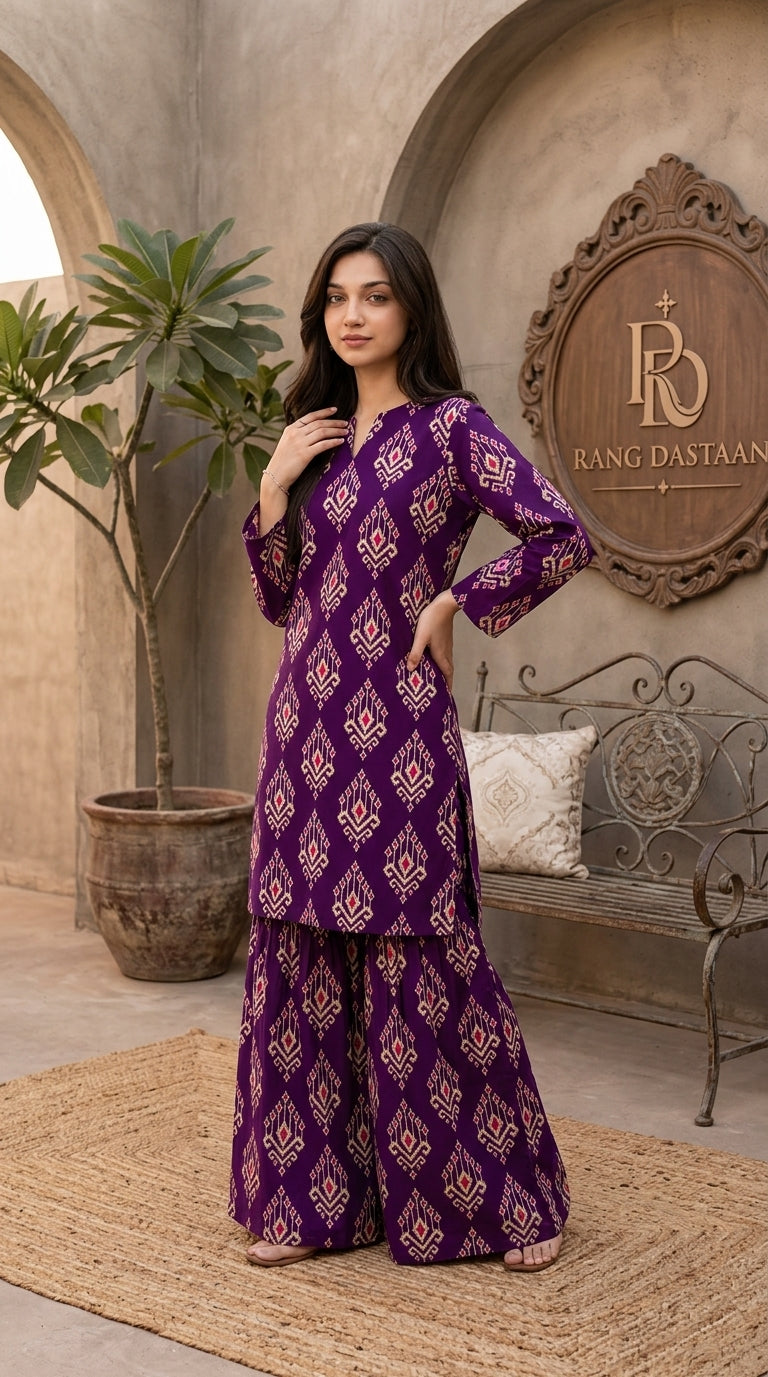 Deep Plum Geometric — Printed Khaddar 2-Piece Unstitched Suit