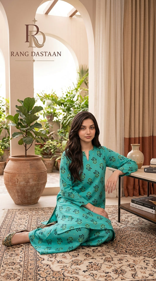 Turquoise Bloom — Printed Khaddar 2-Piece Unstitched Suit