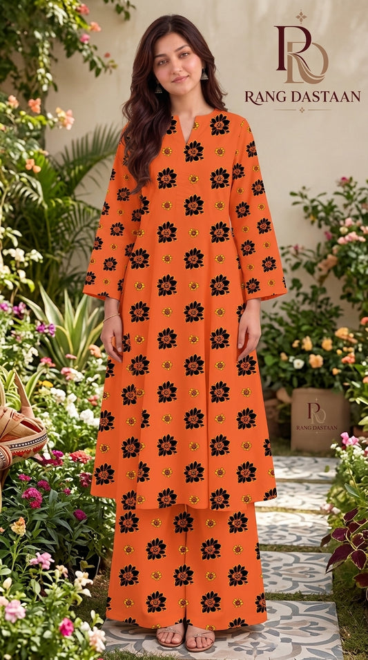 Tangerine Bloom — Printed Khaddar 2-Piece Unstitched Suit