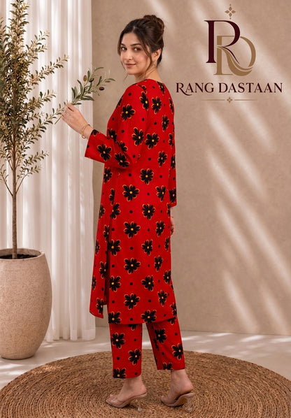 Crimson Daisy — Printed Khaddar 2-Piece Unstitched Suit