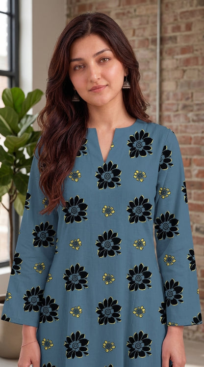 Steel Blue Bloom — Printed Khaddar 2-Piece Unstitched Suit