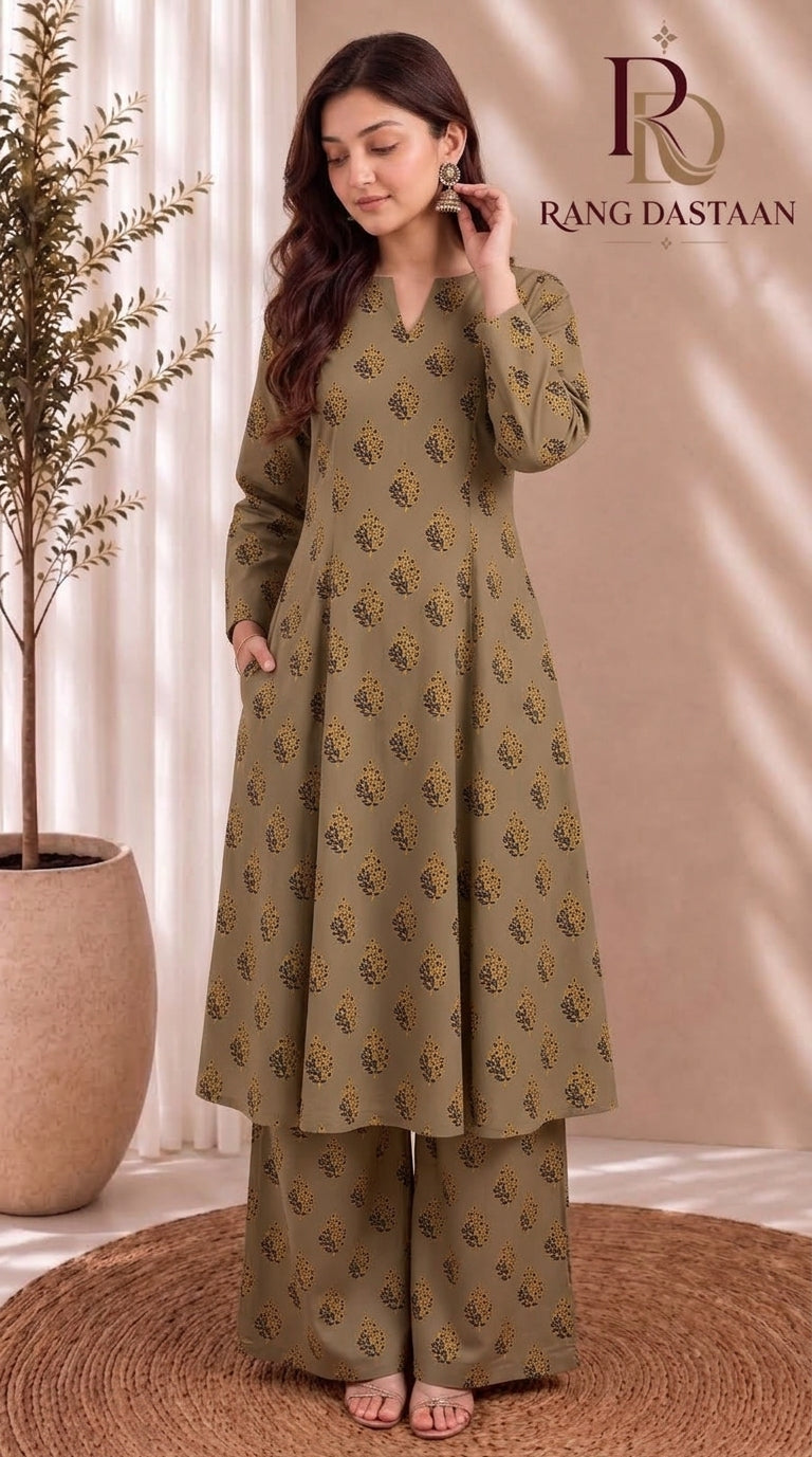 Olive Charm — Printed Khaddar 2-Piece Suit