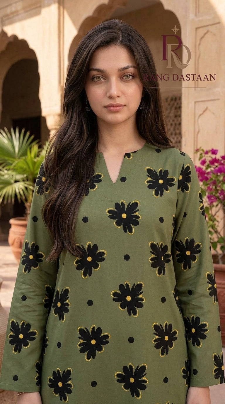 Olive Noir — Printed Khaddar 2-Piece Unstitched Suit