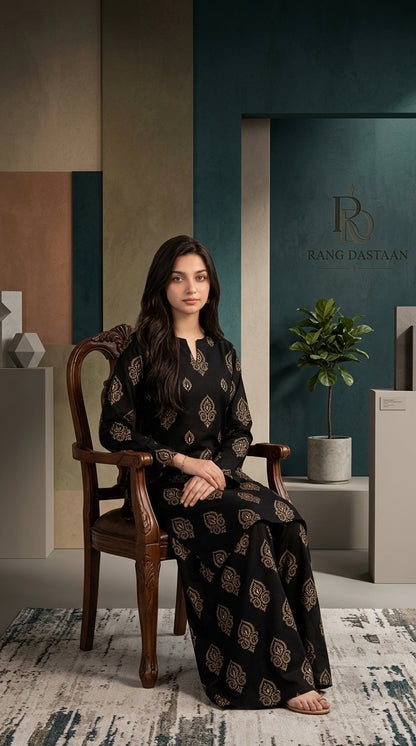 Midnight Bloom — Printed Khaddar 2-Piece Unstitched Suit